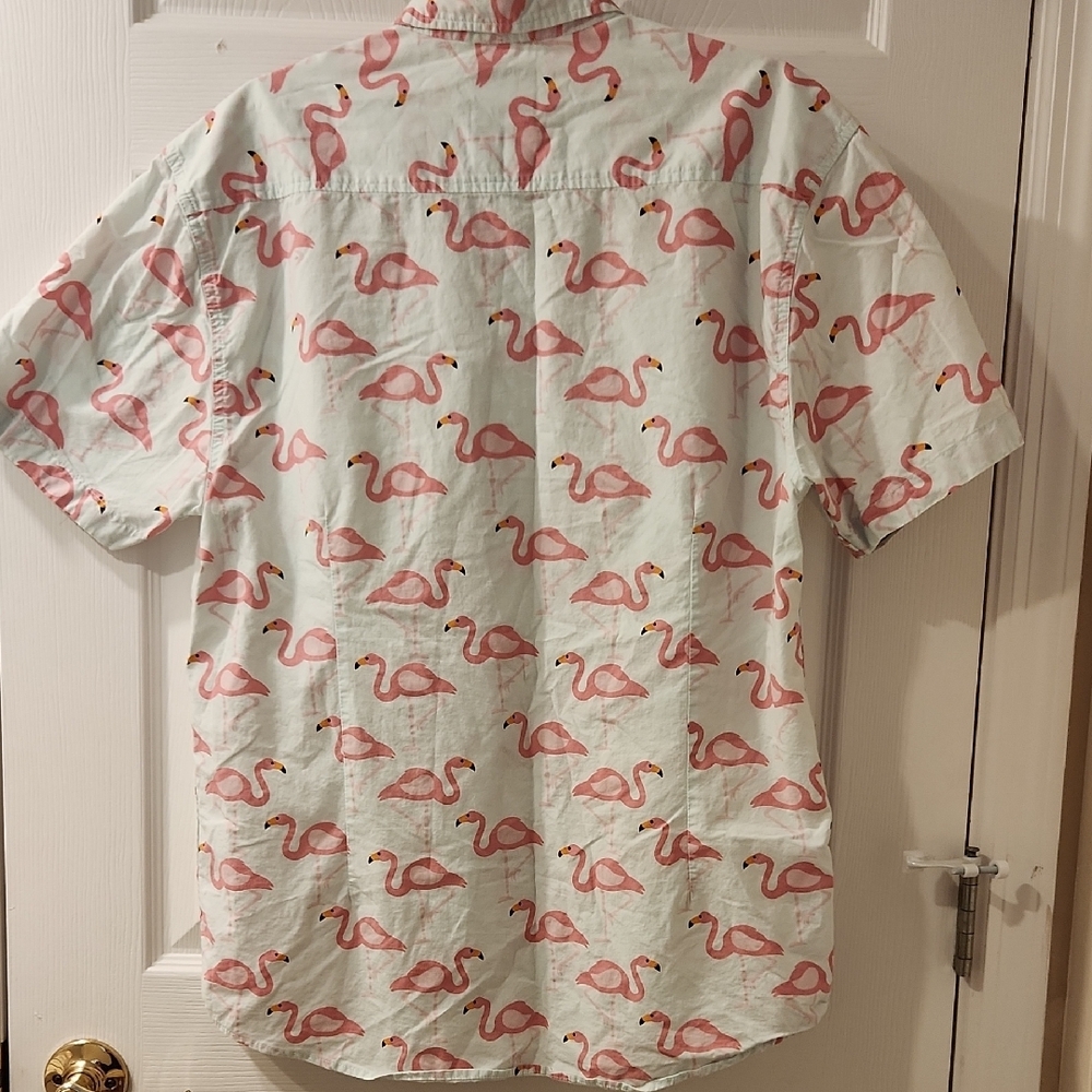 Super Massive Flamingo Print Short Sleeve Button Down Shirt - Picture 3 of 6